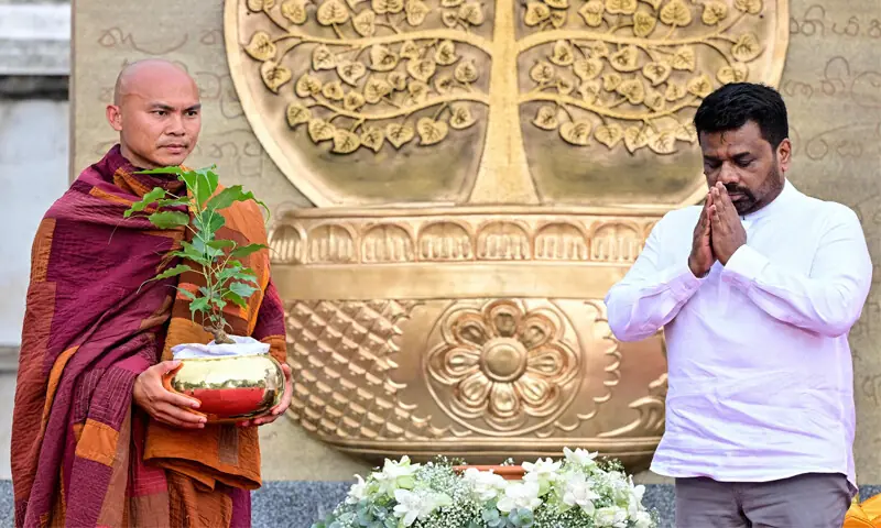 Vietnamese Buddhist monk Pannakara receives a sapling from Sri Lanka&rsquo;s President Anura Kumara Dissanayake (right) in Colombo during the final day of a 210-kilometre &lsquo;Walk for Peace&rsquo;.&mdash;AFP