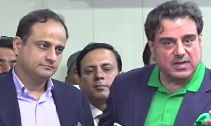 Karachi Mayor Murtaza Wahab speaks to media alongside Punjab Housing Minister Bilal Yasin in Lahore, on April 29, 2026. &mdash; DawnNewsTV