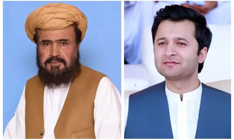 The collage shows Jamiat Ulema-i-Islam (JUI)'s Syed Samiullah and Pakhtunkhwa National Awami Party (PNAP) chairman Khushal Khan Kakar. &mdash;NA website, Kakar/Facebook