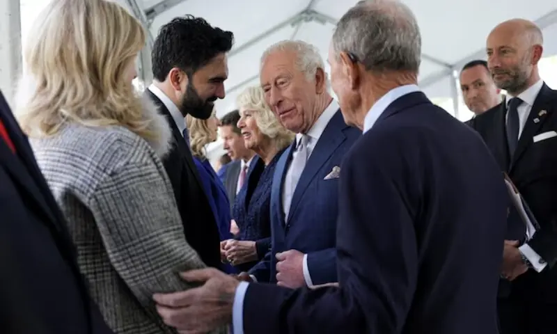 Britain's King Charles standing next to Queen Camilla interacts with New York City Mayor Zohran Mamdani during a visit to the 9/11 Memorial, in New York City, US, April 29, 2026. &mdash;Reuters