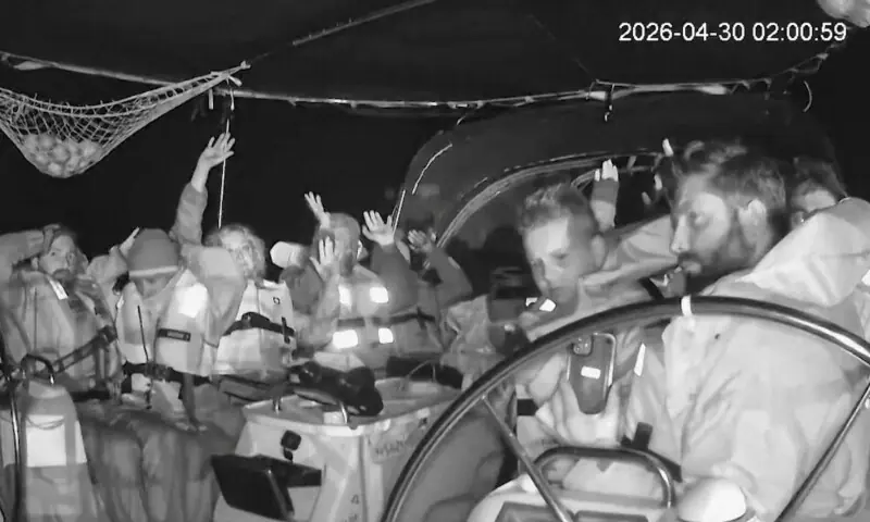 A CCTV footage shows crew of the second flotilla that sailed from the Spanish port of Barcelona, carrying humanitarian aid to Palestinians in Gaza, raise their arms with a member as the vessel is said to be intercepted by Israeli Army at a location given as at sea off coast Greece, April 30 in this screengrab taken from a handout video. &mdash; Reuters