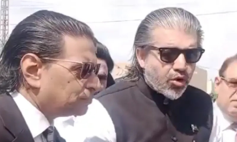 PTI leader Ali Muhammad Khan speaks outside Adiala Jail along with Secretary General Salman Akram Raja on April 30, 2026. &mdash;screengrab via video from PTIPunjabPK/X
