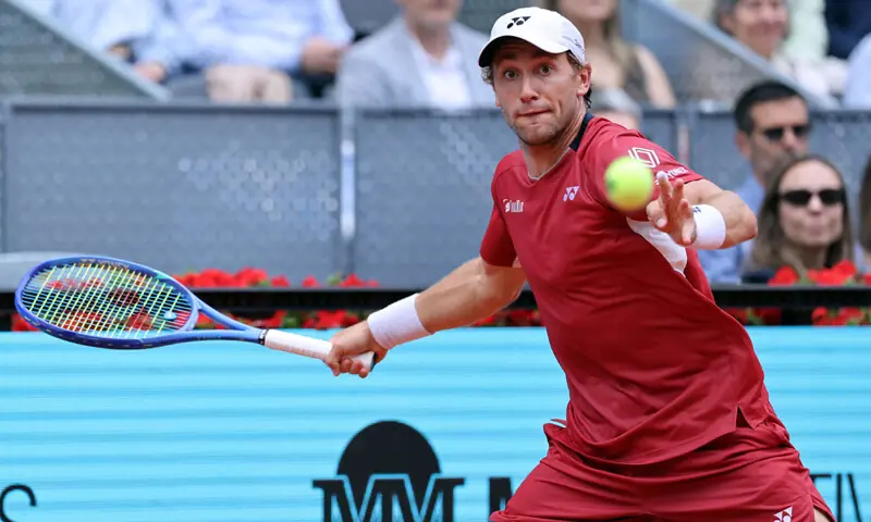 NORWAY&rsquo;S Casper Ruud eyes a return against Alexander Blockx of Belgium during their Madrid Open quarter-final at the Caja Magica on Thursday.&mdash;AFP