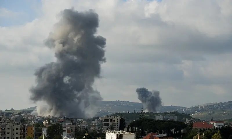 Smoke rises following Israeli strikes, as seen from Nabatieh, Lebanon, May 1. &mdash; Reuters