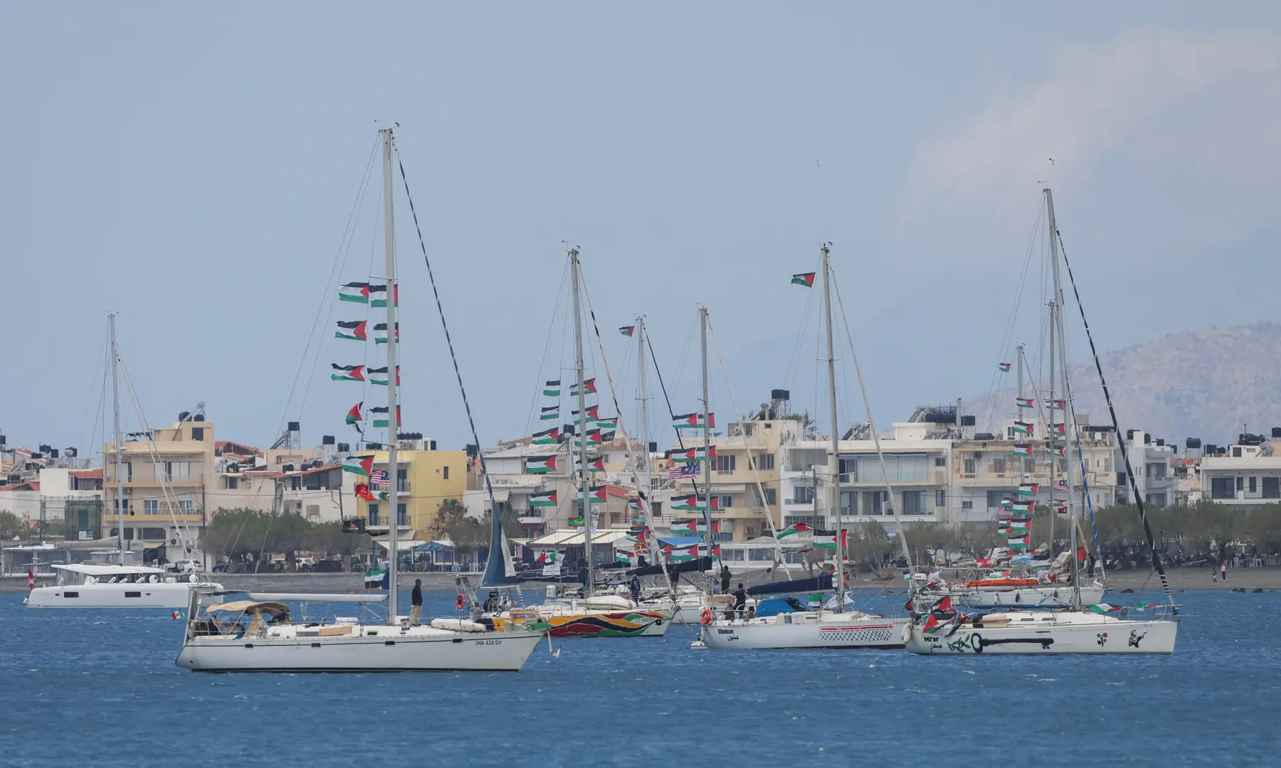 Vessels of the Global Sumud Flotilla, which was intercepted on international waters by the Israeli Navy, sail off the city of Ierapetra, on the island of Crete, Greece on May 1, 2026. &mdash; Reuters