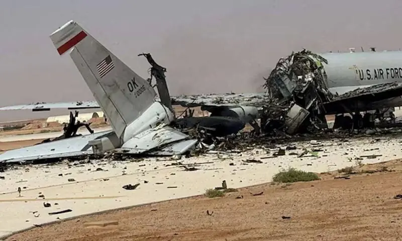 A damaged US Boeing E-3 Sentry airborne warning and control aircraft following an Iranian strike on the airbase, amid the US-Israeli war on Iran, at Prince Sultan Air Base in Saudi Arabia, in this picture obtained from social media released on March 29, 2026. &mdash; Reuters/File