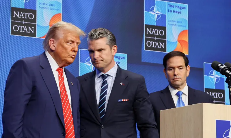 US President Donald Trump, Secretary of Defence Pete Hegseth and Secretary of State Marco Rubio attend a press conference at the Nato summit in The Hague, Netherlands on June 25, 2025. &mdash; Reuters