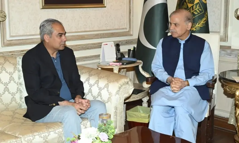 Interior Minister Mohsin Naqvi calls on Prime Minister Shehbaz Sharif in Lahore on May 2, 2026. &mdash; GovtofPakistan/X