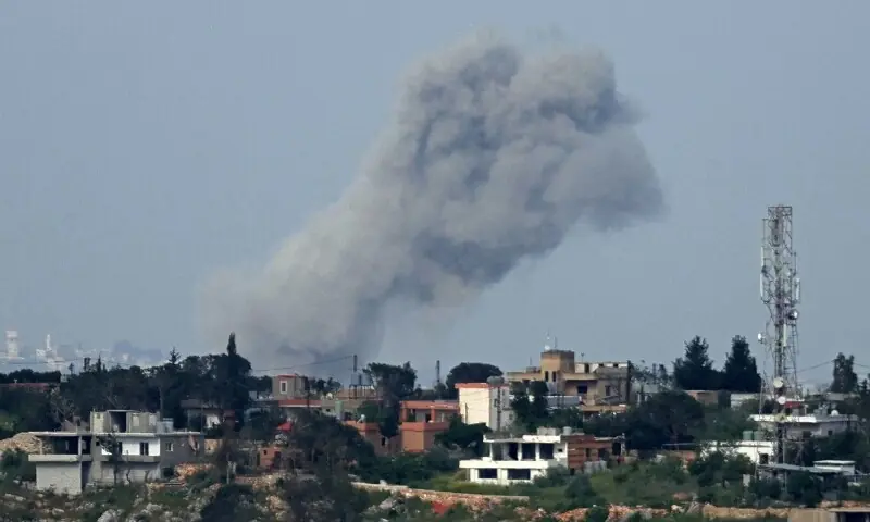 This photograph taken from the southern Lebanese area of Marjayoun shows smoke rising from the site of Israeli airstrikes that targeted the village of Zawtar al-Sharqiyah, on May 3. &mdash; AFP