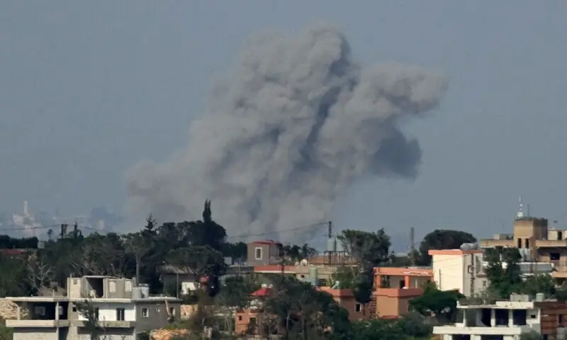 This photograph taken from the southern Lebanese area of Marjayoun shows smoke rising from the site of Israeli airstrikes that targeted the village of Zawtar al-Sharqiyah, on May 3. &mdash; AFP