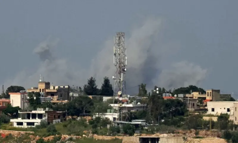 This photograph taken from the southern Lebanese area of Marjayoun shows smoke rising from the site of Israeli airstrikes that targeted the village of Zawtar al-Sharqiyah, on May 3. &mdash; AFP