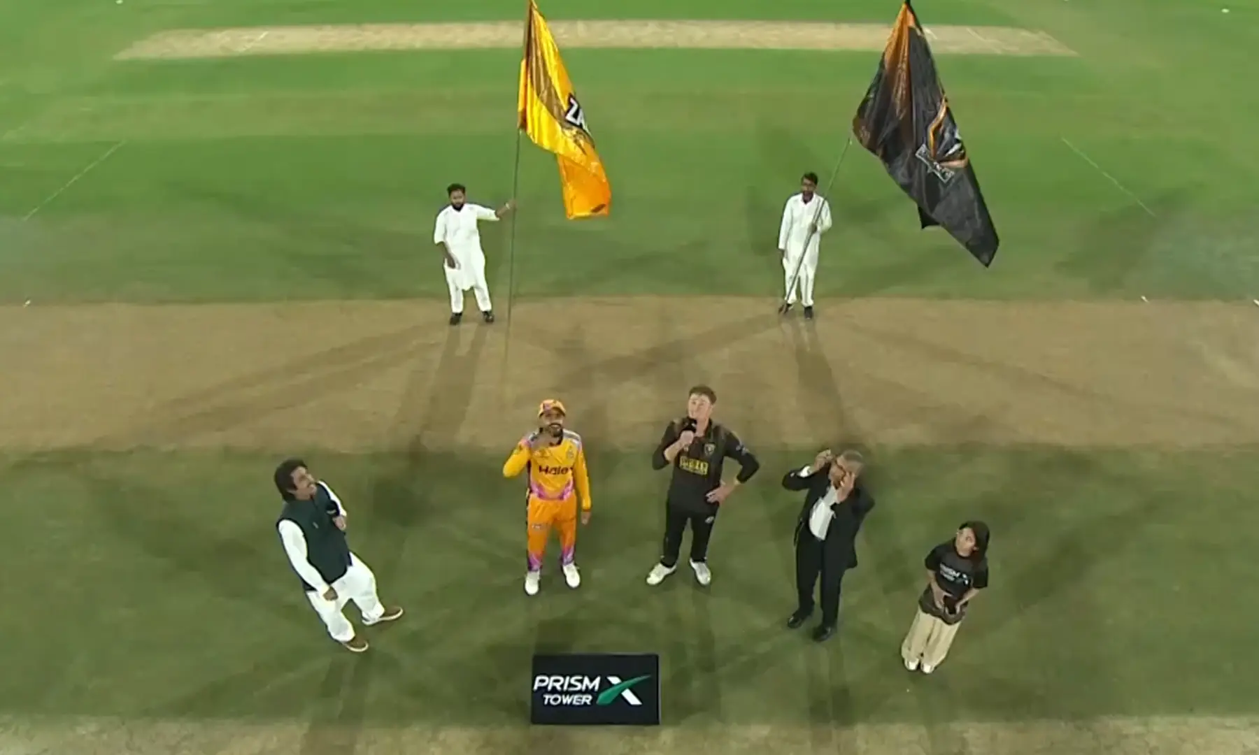 Hyderabad Kingsmen captain Marnus Labuschagne and Peshawar Zalmi captain Babar Azam photographed at the toss for the PSL final on May 3, 2026. &mdash; Screengrab via Tamasha app
