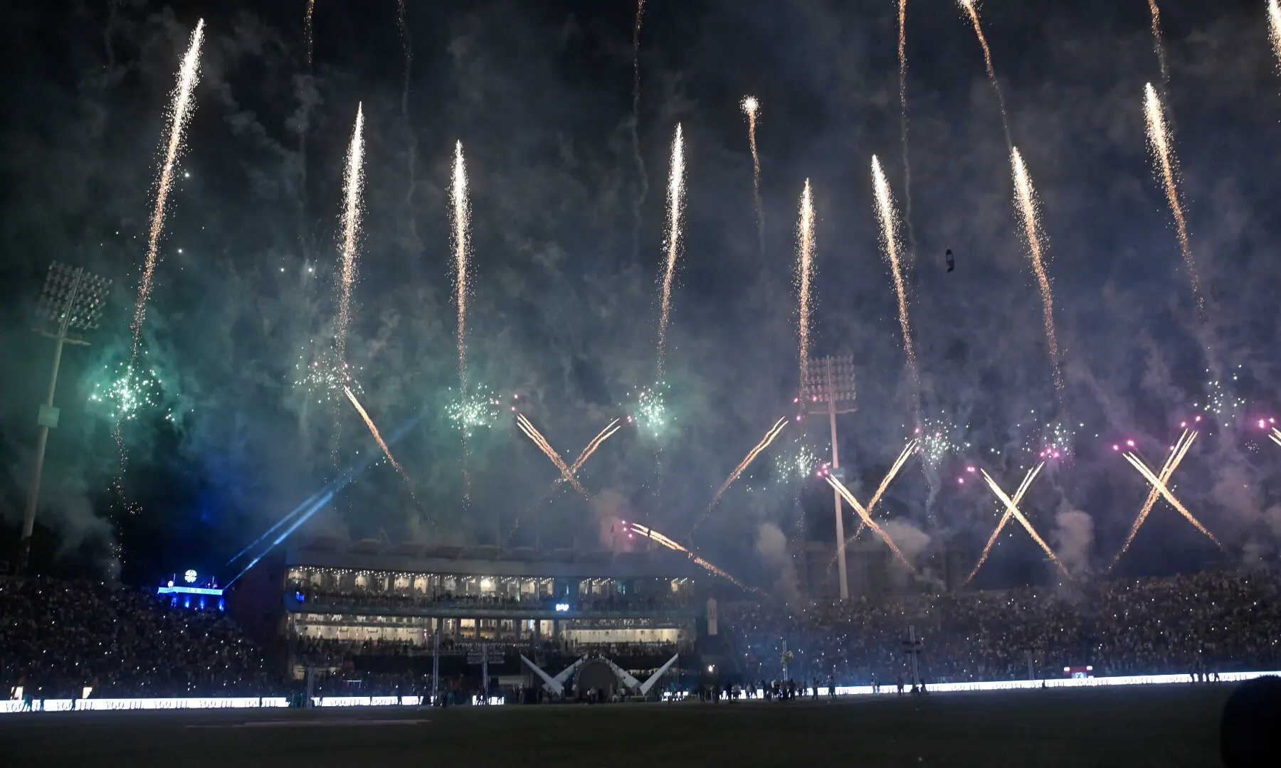 Spectators witness fireworks at Lahore&rsquo;s Gaddafi Stadium ahead of HBL PSL 11 final match on May 3, 2026. &mdash; White Star