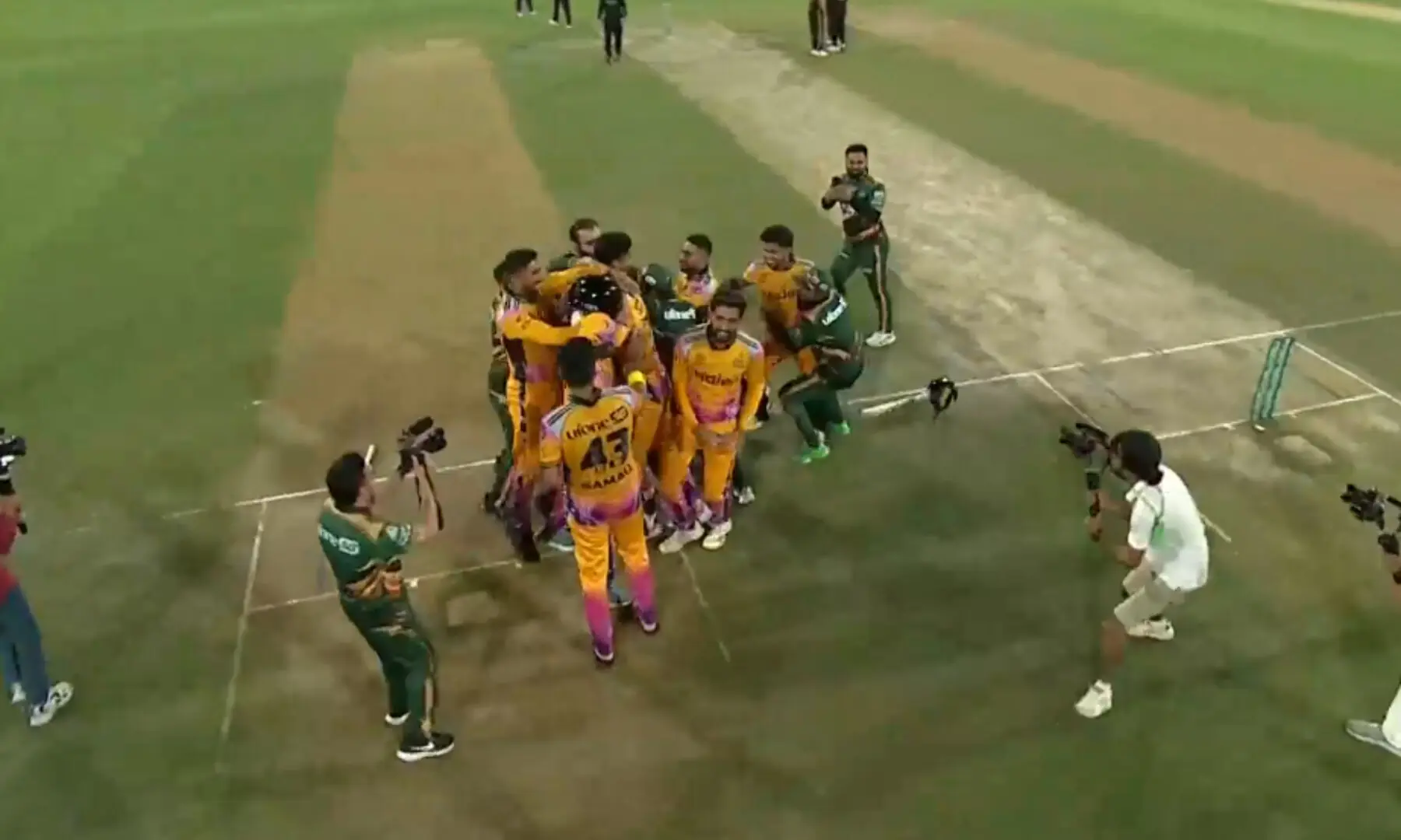 Peshawar Zalmi players celebrate after winning the PSL final in Lahore on May 3, 2026. -- Screengrab via Tamasha app