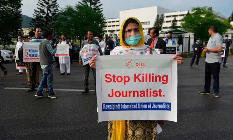 Journalists participate in a demonstration to mark World Press Freedom Day in Islamabad in this May 2020 file photo. &mdash; AFP/FIle