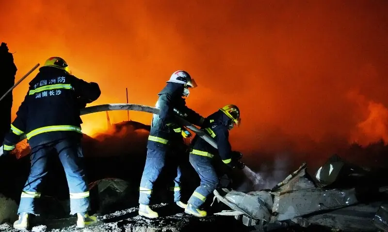 Firefighters work to extinguish a fire following a blast at a fireworks manufacturing factory in Liuyang, Hunan province, China on May 5, 2026. &mdash; Reuters