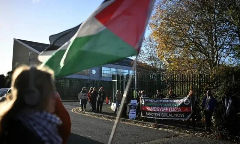 Supporters of alleged Palestine Action activists accused of breaking into Israeli-based defence firm Elbit Systems' site in Bristol in August 2024, hold placards and wave Palestinian flags outside Woolwich Crown Court in southeast London on November 17, 2025. &mdash;AFP/File
