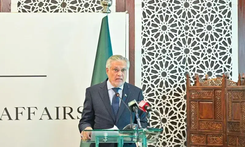 Deputy Prime Minister and Foreign Minister Senator Mohammad Ishaq Dar, brief the Diplomatic Corps on the first anniversary of Marka-e-Haq , at MoFA, on May 05, 2026. &mdash;PID
