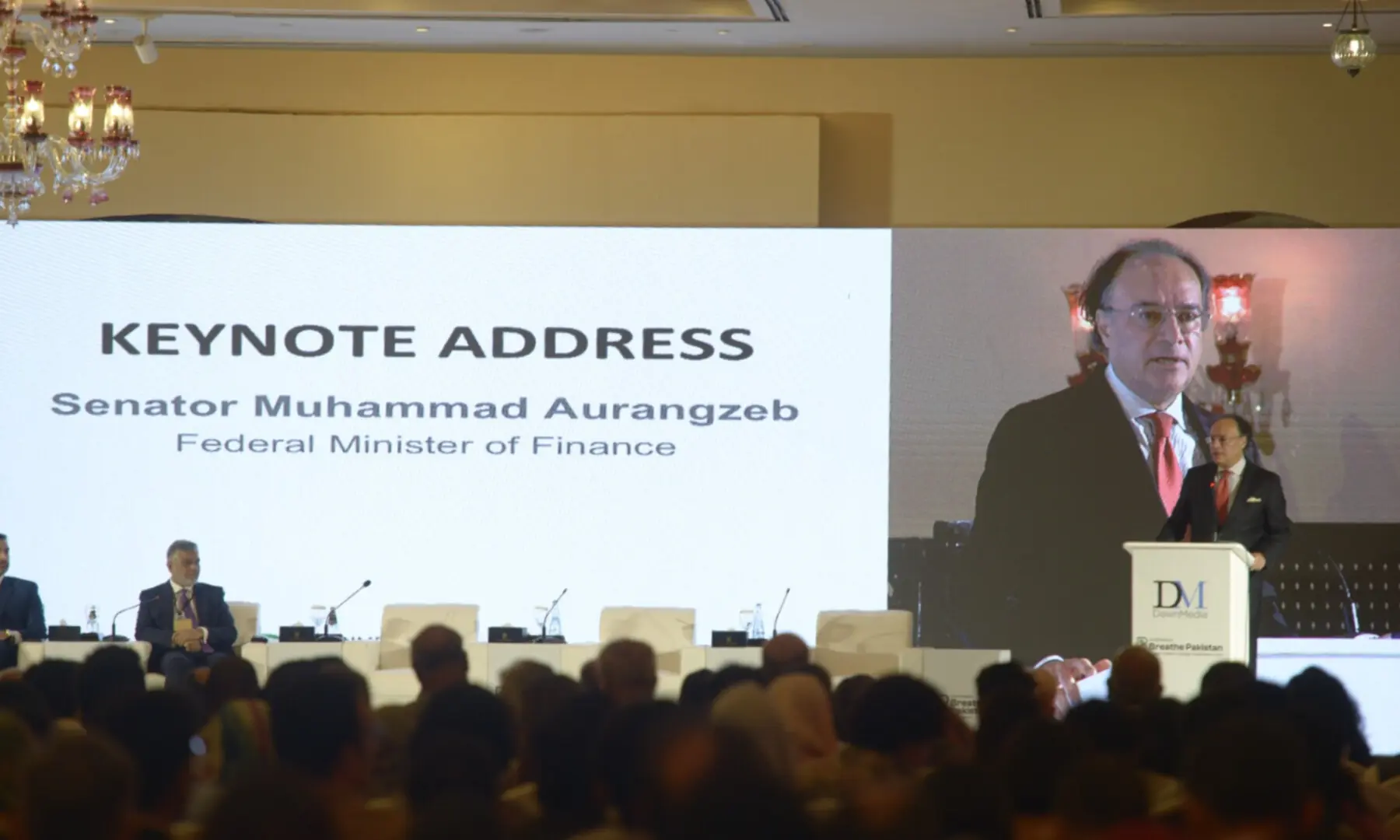 Finance Minister Muhammad Aurangzeb addresses the Breathe Pakistan conference. &mdash; White Star/Tanveer Shahzad