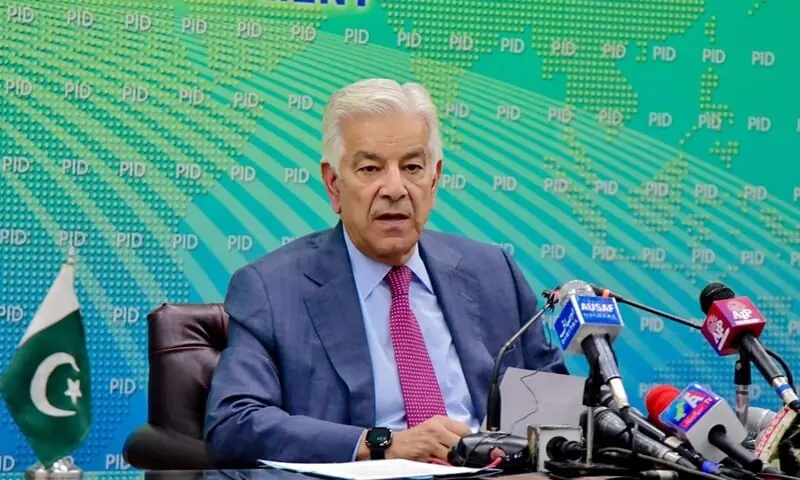 Defence Minister Khawaja Asif addresses a press conference in Islamabad on October 5, 2022. &mdash; PID website/ File