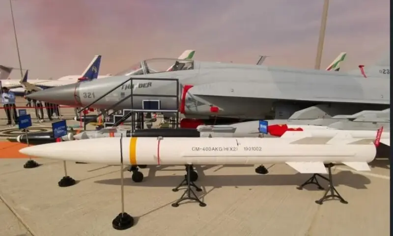 An image of a CM-400AKG air-to-ground missile, alongside a Pakistan Air Force JF-17 Thunder fighter jet. &mdash; Facebook/ISPR Updates