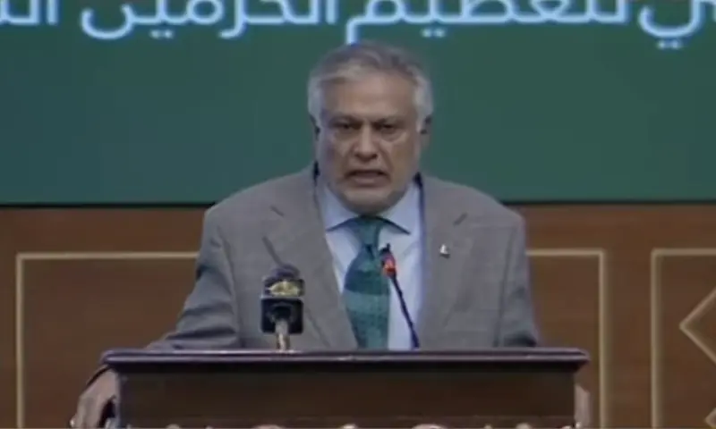 Deputy Prime Minister and Foreign Minister Ishaq Dar addresses the second session of the Ulema Council Conference in Islamabad on May 6. &mdash; screengrab via Geo News TV