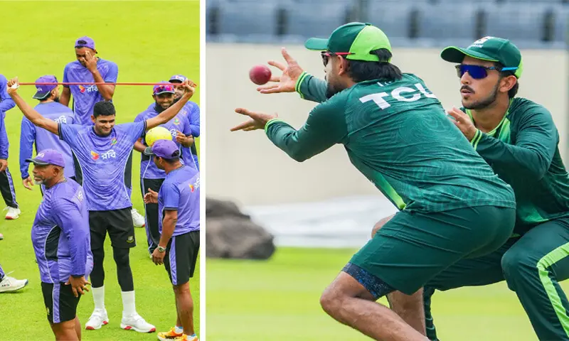 DHAKA: (From L) Bangladesh pacer Nahid Rana stretches a resistance band; Pakistan batter Babar Azam takes a catch as team-mate Azan Awais looks on during the teams&rsquo; respective training sessions at the Sher-e-Bangla National Stadium on Wednesday.&mdash;Courtesy Bangladesh Cricket Board