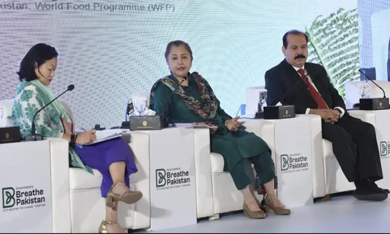 (L-R) Country Representative for Pakistan, World Food Programme, Coco Ushiyama, Climate Change Secretary Aisha Humera Chaudhry and Idrees Mahsud, member of the National Disaster Management Authority&rsquo;s Disaster Risk Reduction unit attend a session at the conference on Wednesday. &mdash; White Star