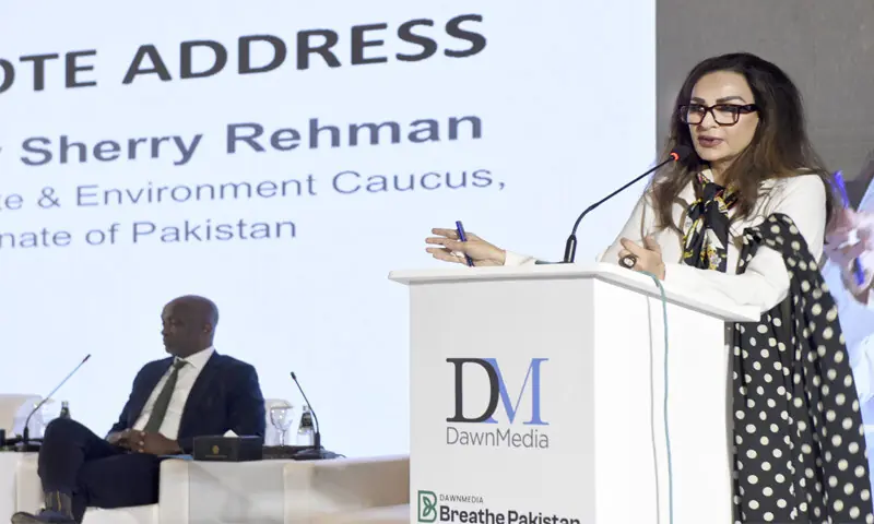 Senator Sherry Rehman, chair, Climate and Environment Caucus, Senate, speaks during the inaugural session on Wednesday. &mdash; White Star