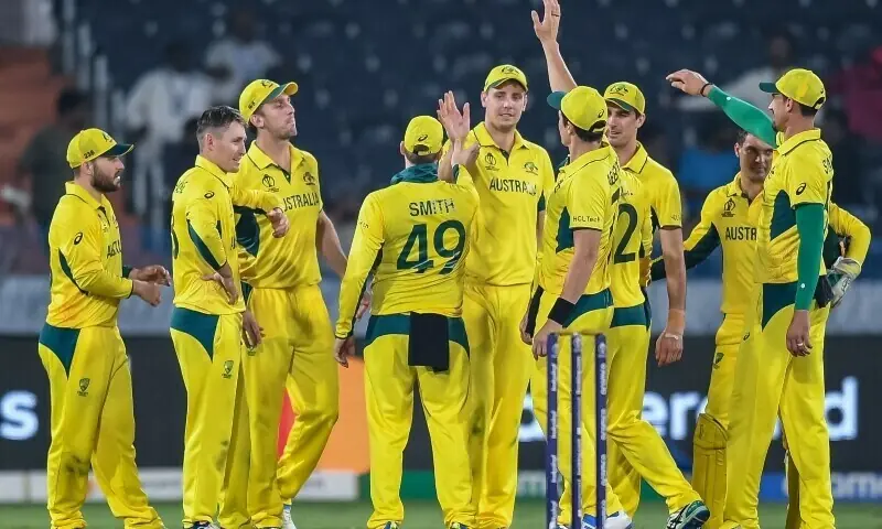 In this file photo, Australia&rsquo;s players celebrate after the dismissal of Pakistan&rsquo;s Iftikhar Ahmed during a warm-up match between Pakistan and Australia ahead of the ICC men&rsquo;s cricket World Cup, at the Rajiv Gandhi International Cricket Stadium in Hyderabad, India on October 3, 2023. &mdash; AFP/File
