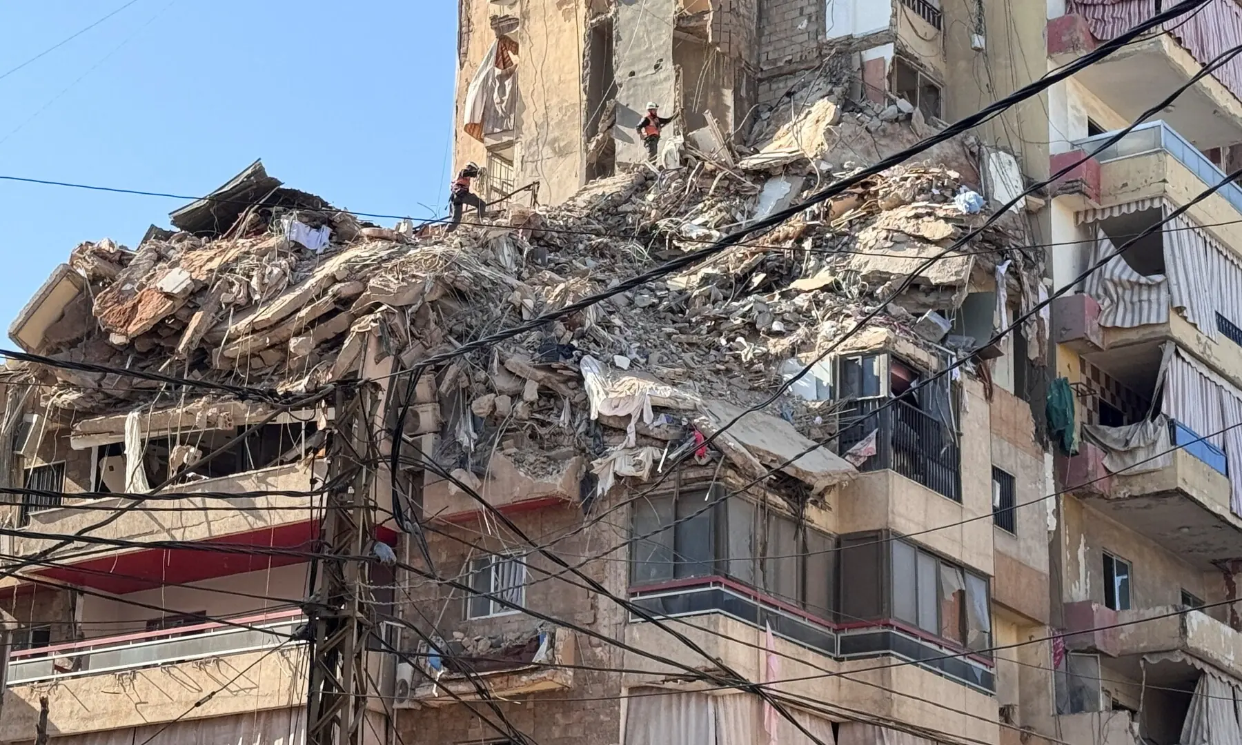Rescuers work at the site of an Israeli strike that took place yesterday, in the southern suburbs of Beirut, Lebanon on May 7, 2026. &mdash; Reuters