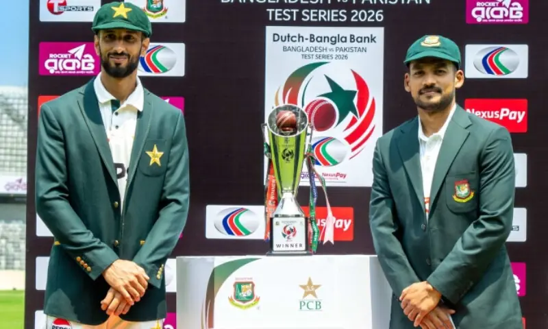 Pakistan captain Shan Masood and Bangladesh captain Najmul Hossain Shanto, posing with the trophy ahead of test series on Thursday, May 7, 2026. &mdash; Photo via pcb.com.pk