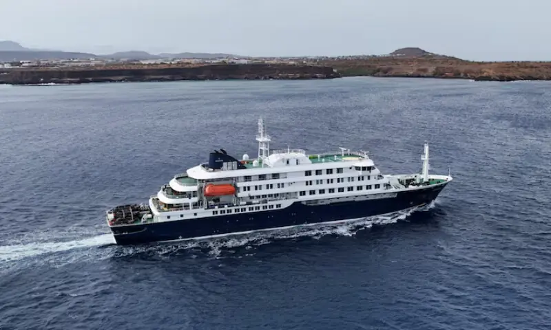 A drone view of the cruise ship MV Hondius, carrying passengers suspected of having cases of hantavirus on board, leaves Praia, Cape Verde, May 6, 2026. &mdash; Reuters