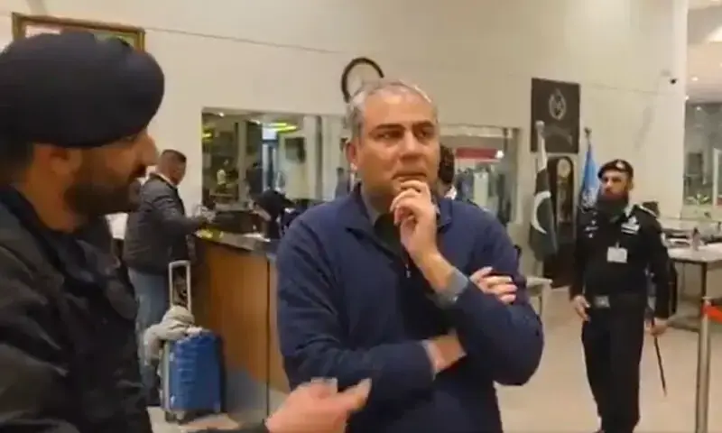 Interior Minister Mohsin Naqvi at the Islamabad Airport on November 29, 2025. &mdash; Screegrab from video via X/@MohsinnaqviC42