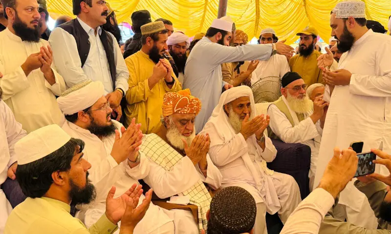 JUI-F chief Maulana Fazlur Rehman, during his visit to Charsadda to condole the killing of Maulana Idress on Wednesday, May 6, 2026. &mdash; Picture via X/@juipakofficial