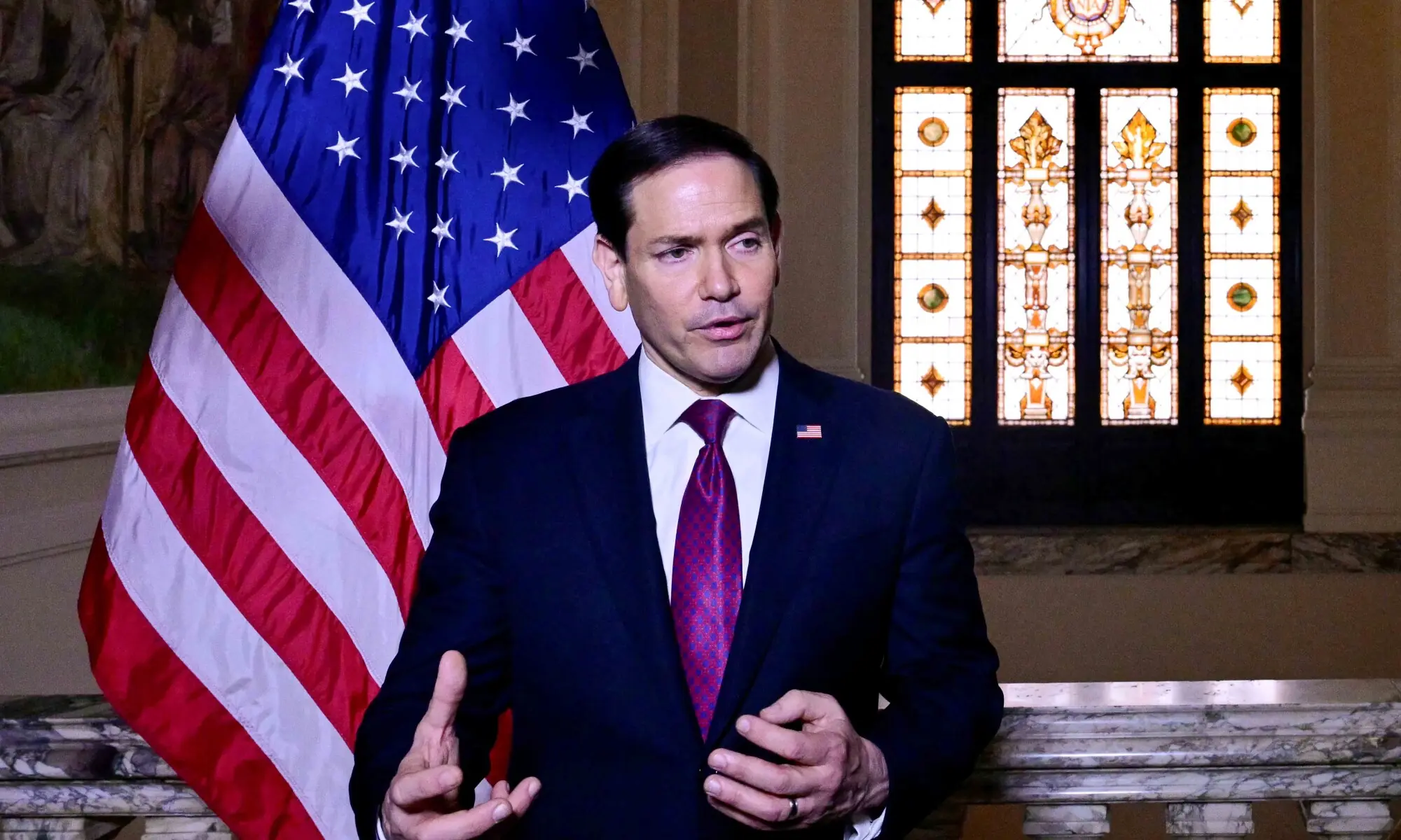 US Secretary of State Marco Rubio speaks to the press at the US Embassy in Rome, Italy on May 8, 2026. &mdash; Reuters