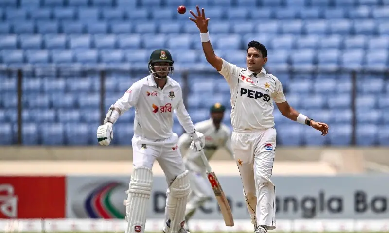 Pakistan's Mohammad Abbas (R) fields the ball during the second day of the first Test cricket match between Bangladesh and Pakistan at the Sher-i-Bangla National Stadium in Mirpur, Bangladesh on May 9, 2026. &mdash; AFP