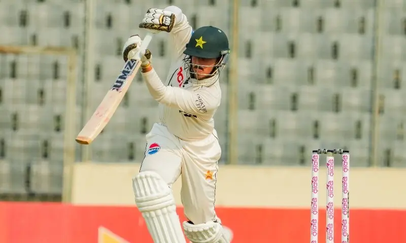 Debutant Azan Awais plays a shot during the second day of the first Test cricket match between Bangladesh and Pakistan at the Sher-i-Bangla National Stadium in Mirpur, Bangladesh on May 9, 2026. &mdash; X/@TheRealPCB