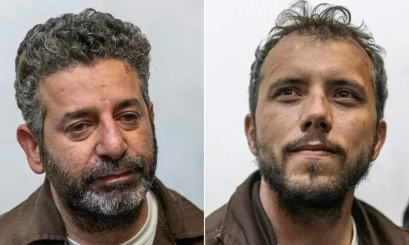 This combination of file pictures created on May 9, 2026 shows Spanish activist Saif Abu Keshek (L) and Brazil's activist Thiago Avila arriving in court, in the Israeli coastal city of Ashkelon on May 5, 2026. &mdash;AFP
