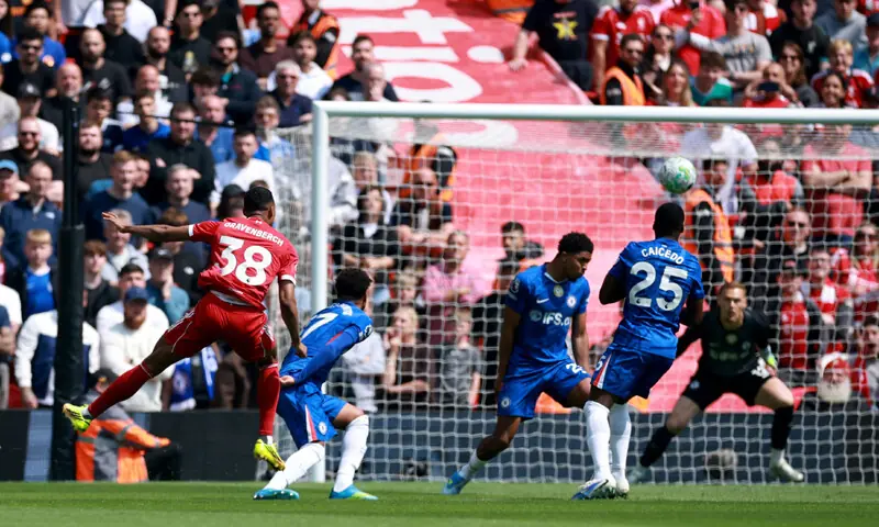 LIVERPOOL: Ryan Gravenberch (L) of Liverpool scores against Chelsea during their Premier League match at Anfield on Saturday.—Reuters LIVERPOOL: Ryan Gravenberch (L) of Liverpool scores against Chelsea during their Premier League match at Anfield on Saturday.—Reuters