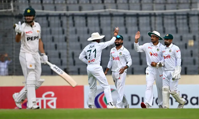 Bangladesh's players celebrate after the dismissal of Pakistan's Salman Agha during the third day of the first Test cricket match between Bangladesh and Pakistan at the Sher-e-Bangla National Stadium in Mirpur on May 10, 2026. — AFP Bangladesh's players celebrate after the dismissal of Pakistan's Salman Agha during the third day of the first Test cricket match between Bangladesh and Pakistan at the Sher-e-Bangla National Stadium in Mirpur on May 10, 2026. — AFP