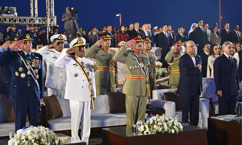 President Asif Ali Zardari, Prime Minister Shehbaz Sharif, Chief of Defence Forces Field Marshal Asim Munir, Chief of Naval Staff Admiral Naveed Ashraf and Chief of Air Staff Air Chief Marshal Zaheer Ahmad Baber Sidhu attend a ceremony held to mark one year since ‘Marka-i-Haq’, at Islamabad’s Pakistan Monument.—Courtesy ISPR President Asif Ali Zardari, Prime Minister Shehbaz Sharif, Chief of Defence Forces Field Marshal Asim Munir, Chief of Naval Staff Admiral Naveed Ashraf and Chief of Air Staff Air Chief Marshal Zaheer Ahmad Baber Sidhu attend a ceremony held to mark one year since ‘Marka-i-Haq’, at Islamabad’s Pakistan Monument.—Courtesy ISPR