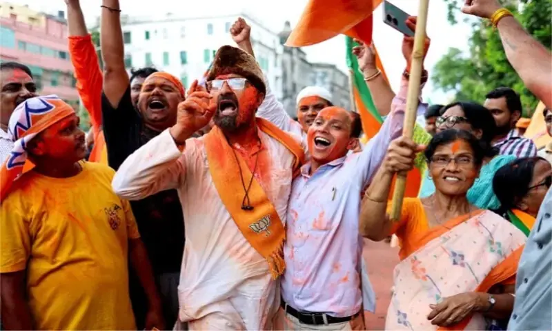 Bharatiya Janata Party supporters celebrate their party&rsquo;s win in the West Bengal state assembly elections, outside the party&rsquo;s regional office on May 4, 2026.&mdash; Reuters
