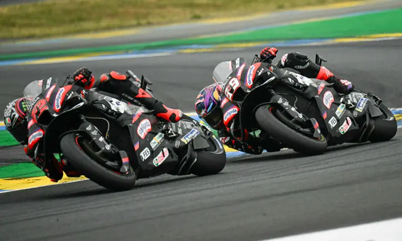 APRILIA Racing&rsquo;s Spanish rider Jorge Martin (R) chases Italian team-mate Marco Bezzecchi for the lead during the MotoGP French Grand Prix on Sunday.&mdash;AFP