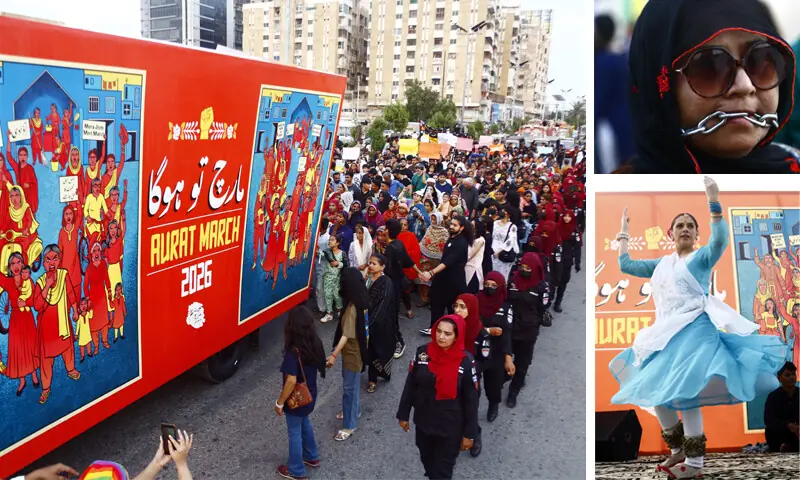 Clockwise from left: People participate in Aurat March amid tight security; chained lips symbolising suppression of speech; and a dance performance.&mdash;Shakil Adil / White Star