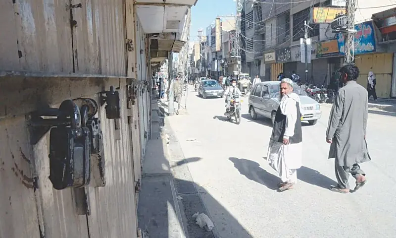 Shops are closed during a strike observed over the killing of the secretary general of Anjuman-i-Tajiran Balochistan, Allahdad Tareen. &mdash; PPI/File