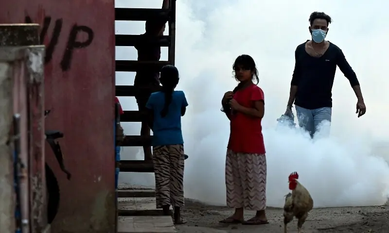 A front-line worker (L) fumigates a neighbourhood to ward off mosquitoes in Colombo on February 25, 2022.&mdash;AFP