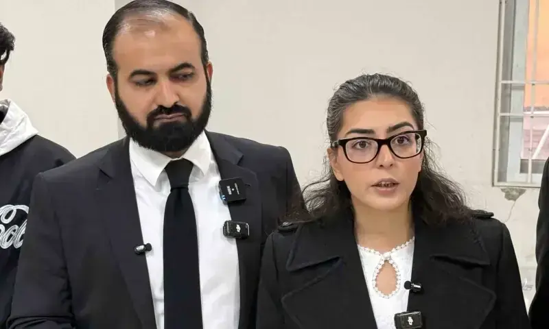 This picture taken on December 5, 2025 shows human rights lawyer Imaan Mazari (R) with her husband and fellow lawyer Hadi Ali Chattha (L), during a court hearing in Islamabad. &mdash; AFP