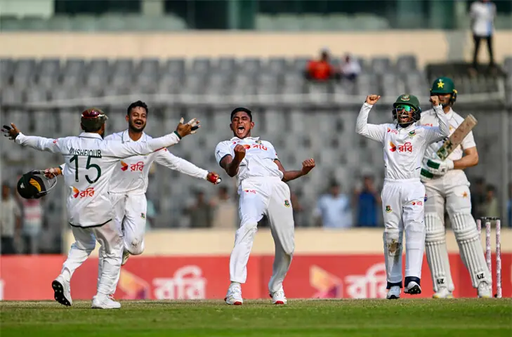 BANGLADESH pacer Nahid Rana (C) celebrates with team-mates after winning the first Test against Pakistan at the Sher-e-Bangla National Stadium on Tuesday.&mdash;AFP