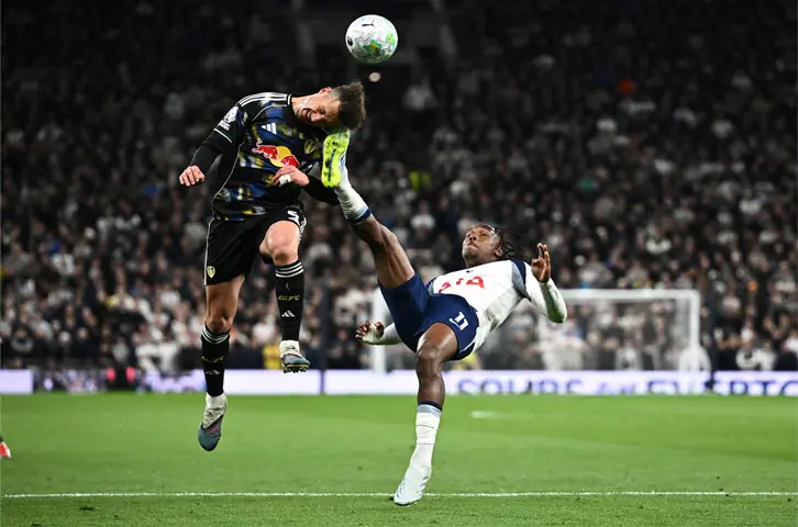 Tottenham Hotspur&rsquo;s Mathys Tel (R) commits a foul on Ethan Ampadu of Leeds United, leading to a penalty during their Premier League match at the Tottenham Hotspur Stadium.&mdash;Reuters